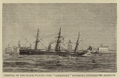 Ankunft der Black Watch, die Sarmatian läuft in den Hafen von Portsmouth ein